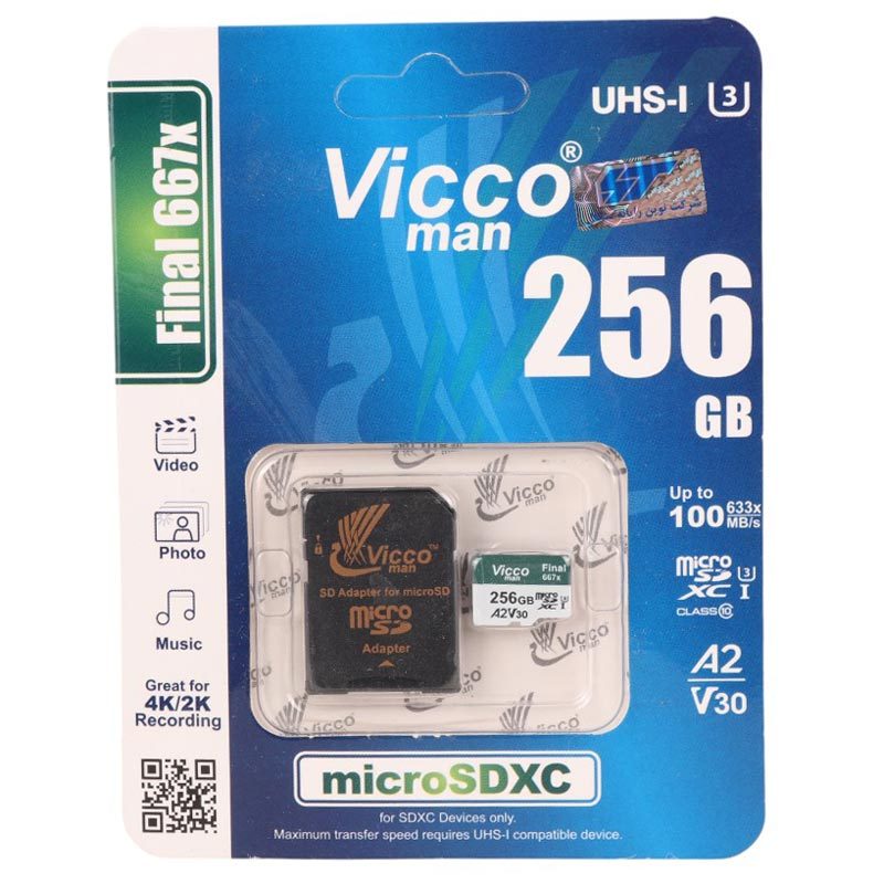 رم میکرو 256 گیگ ویکومن Vicco Man Final 667X A2 V30 U3 100MB/s + خشاب_6944648d8c128.jpeg