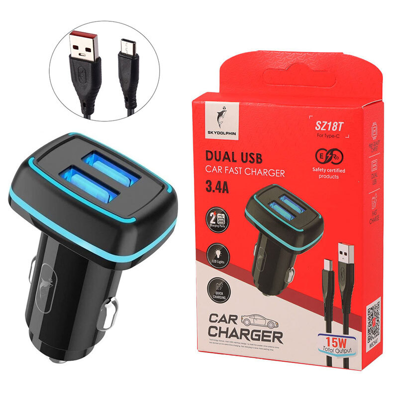 شارژر فندکی 15 وات اسکای دلفین SZ18T + کابل تایپ سی_6942439238ddd.jpeg